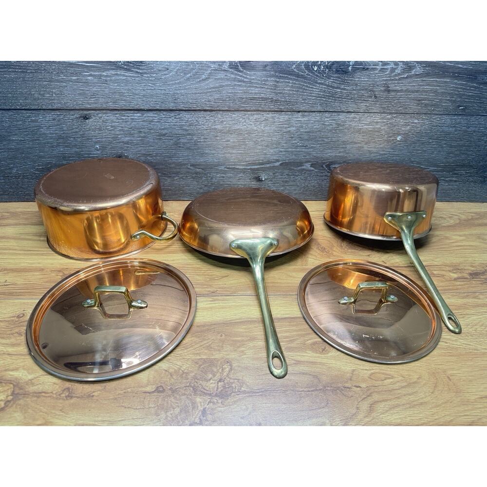 Vintage Copper Cookware Set Stainless Steel Lined With Brass Handle ~5 Pc Set